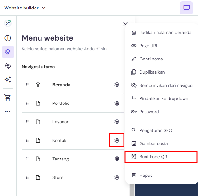 tampilan menu website builder hostinger untuk membuat kode qr