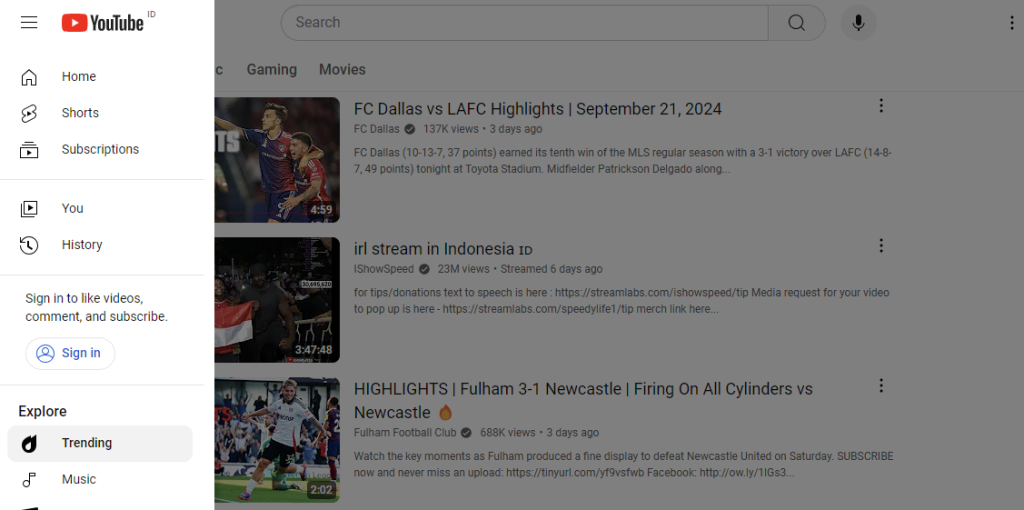 tampilan menu navigasi youtube