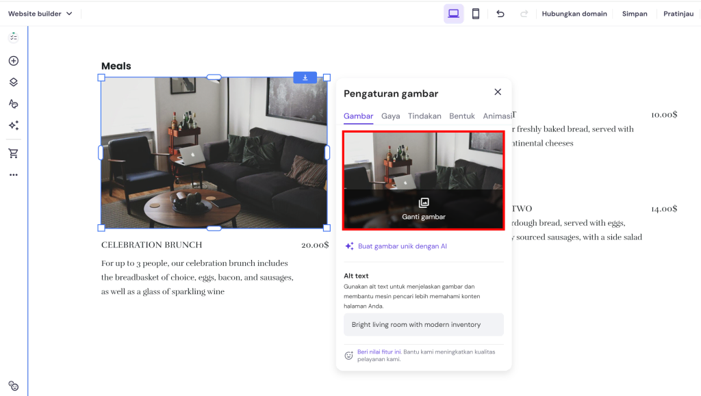 tampilan layar editor builder menunjukkan opsi mengganti gambar
