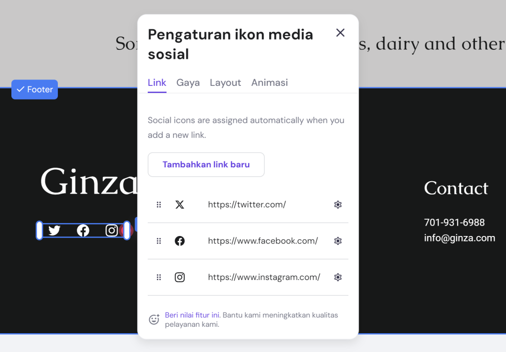 tampilan layar editor di website builder hostinger menunjukkan opsi pengaturan ikon media sosial