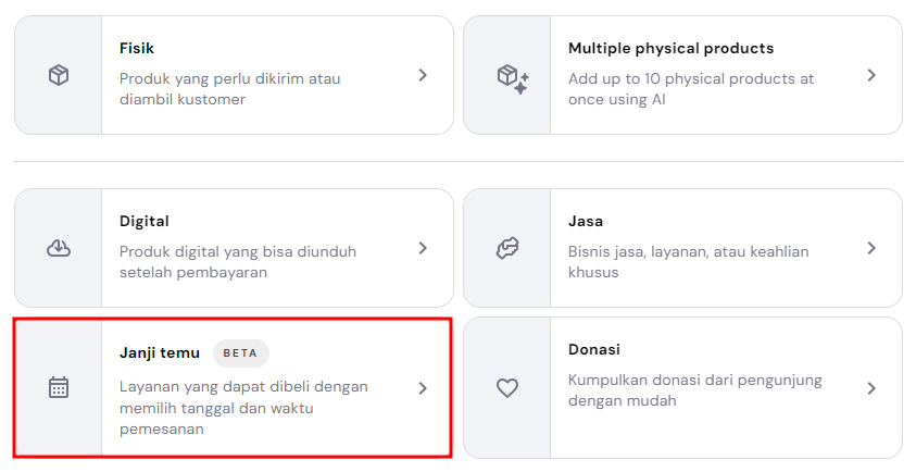 tampilan bagian produk hostinger website builder dengan produk janji temu yang dipilih