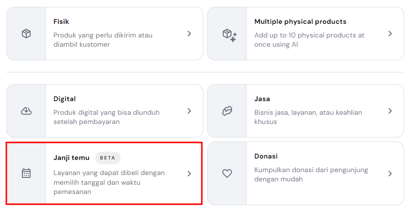 tampilan bagian produk hostinger website builder dengan produk janji temu yang dipilih