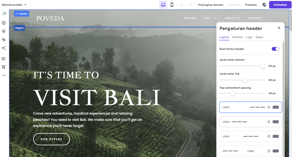 tampilan editor website builder hostinger menunjukkan proses mengedit header