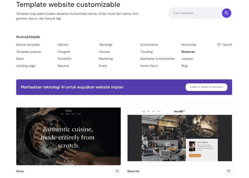 tampilan halaman template website builder hostinger dengan kategori restoran yang dipilih