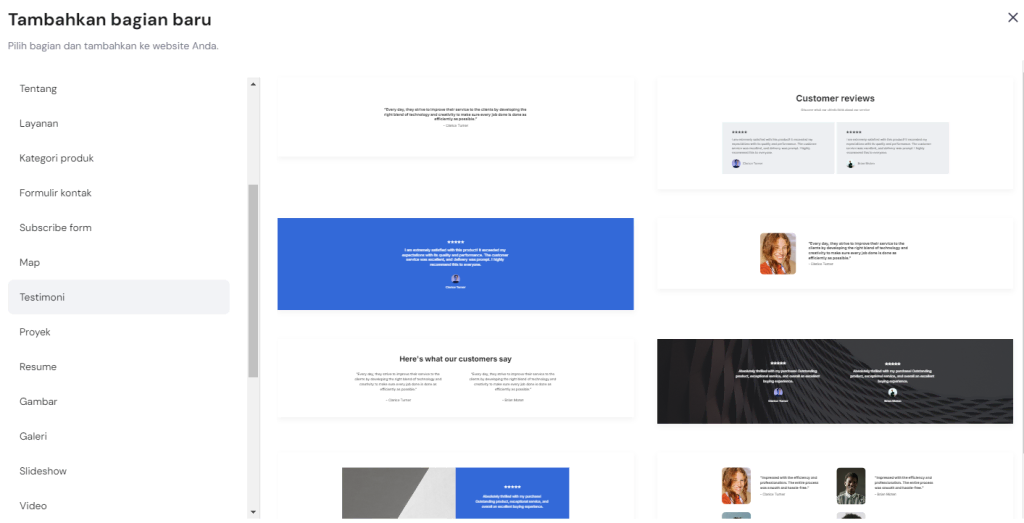 tampilan template testimoni hostinger website builder