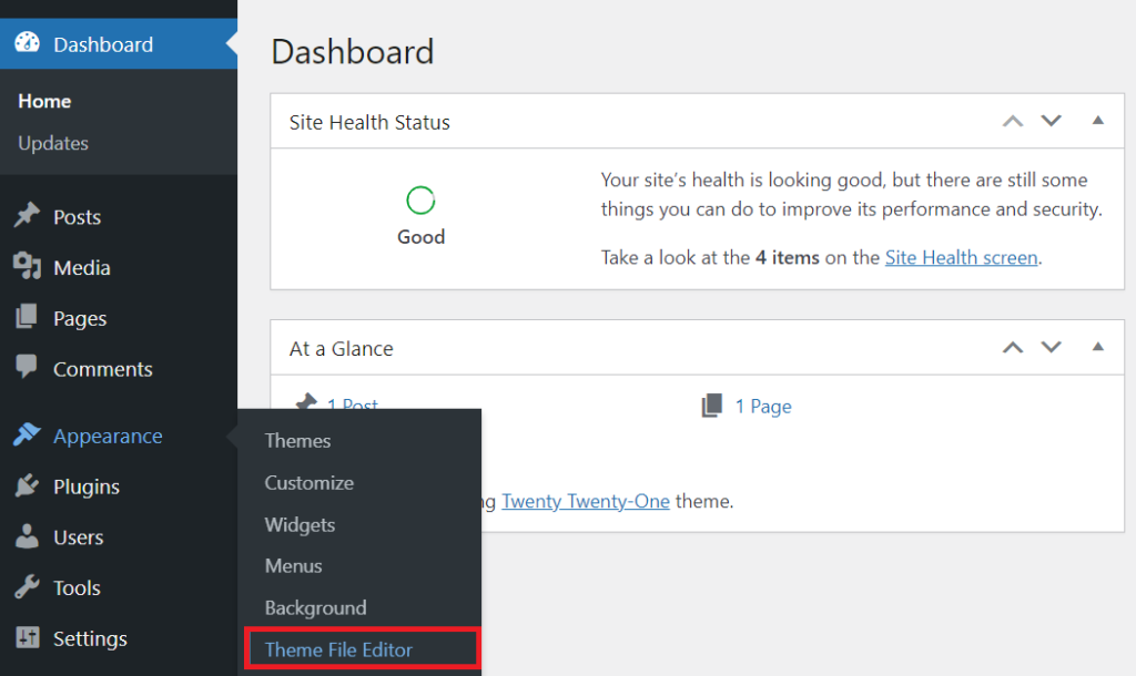 tampilan dashboard wordpress dengan theme file editor yang dipilih di sidebar