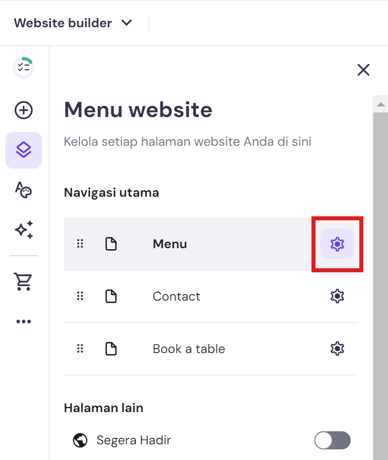 tampilan menu sidebar builder menunjukkan opsi pengaturan halaman