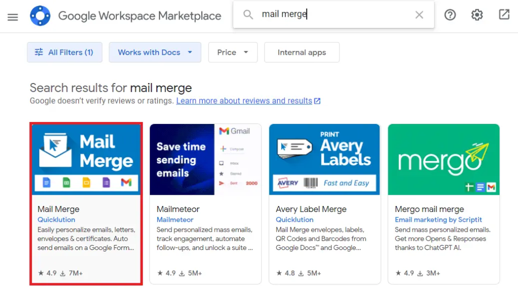 tampilan google workspace marketplace menunjukkan add-on mail merge