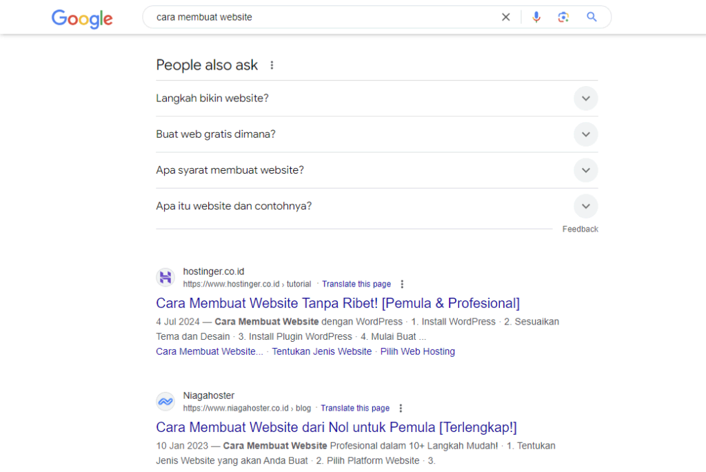 tampilan hasil pencarian google menunjukkan kata kunci cara membuat website