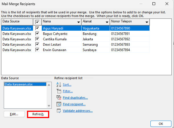 tampilan menu edit recipient list di word untuk memperbarui sumber data