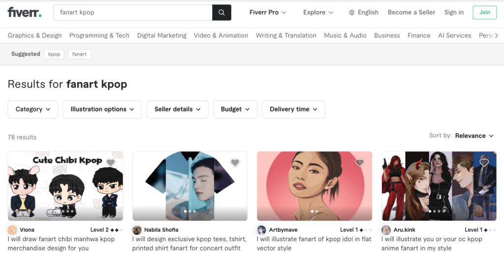 tampilan fiverr menunjukkan contoh fanart kpop