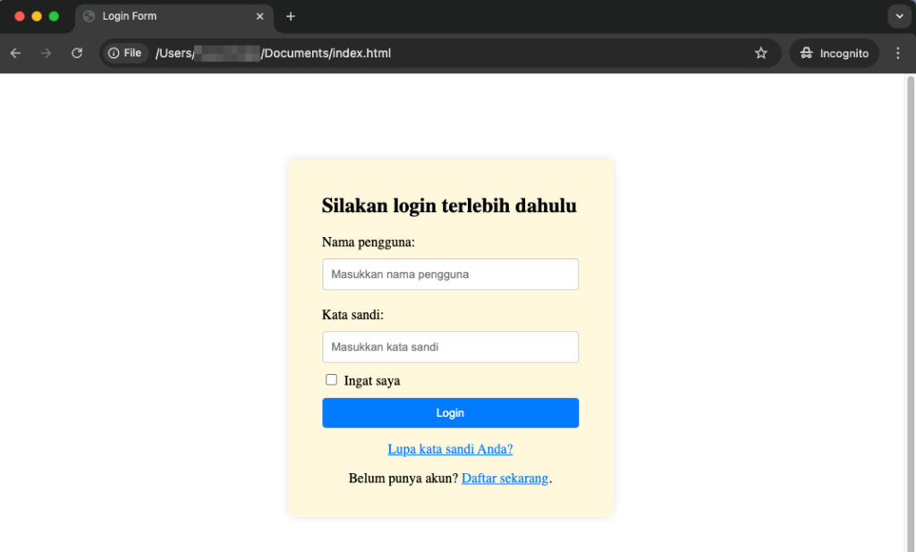 tampilan form login html dibuka menggunakan chrome