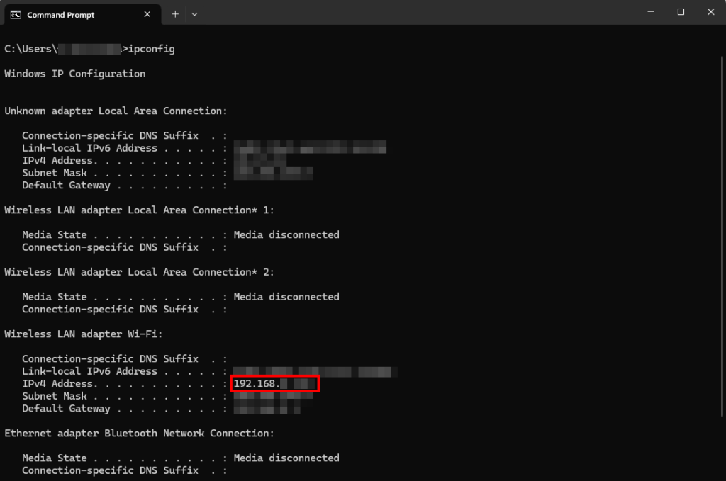 tampilan command prompt menunjukkan hasil ipconfig