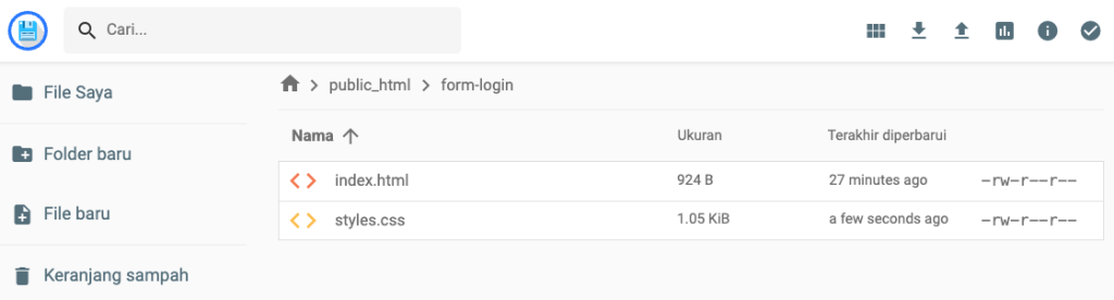 tampilan file manager hpanel menunjukkan file index html dan styles css