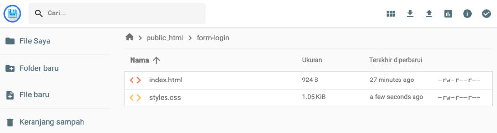 tampilan file manager hpanel menunjukkan file index html dan styles css