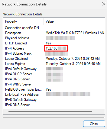 tampilan bagian detail jaringan windows dengan ip address yang dipilih