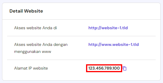 tampilan bagian informasi paket hpanel dengan alamat ip website yang dipilih