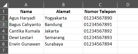 tampilan microsoft excel menunjukkan data penerima mail merge