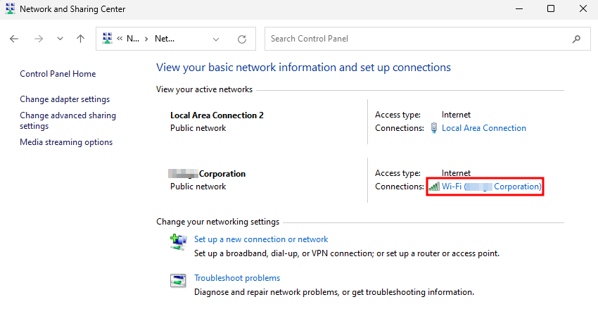 tampilan menu jaringan di control panel windows dengan koneksi yang dipilih