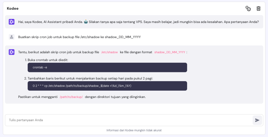 tampilan kodee di hpanel menunjukkan hasil prompt untuk cron job