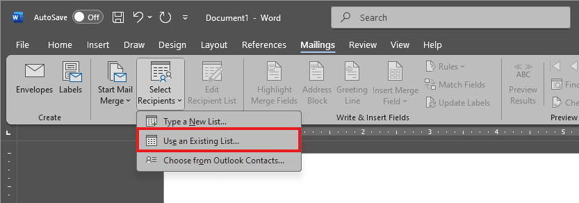 tampilan microsoft excel menunjukkan opsi use existing list dari menu select recipients mail merge