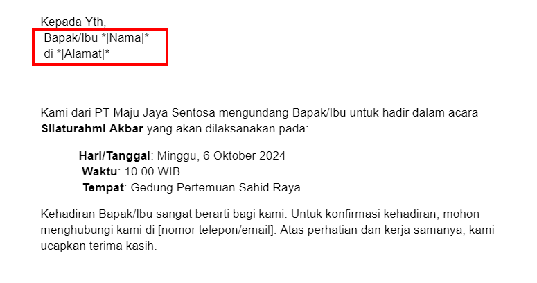 tampilan mail merge yang sudah diisi dengan data