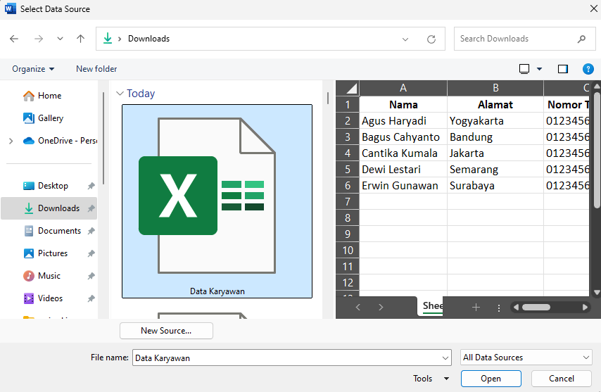 tampilan file explorer menunjukkan file excel yang dipilih