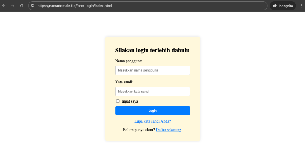 tampilan form login html diakses di browser