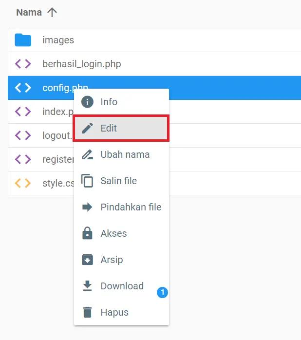tampilan file manager hostinger menunjukkan opsi mengedit file config php