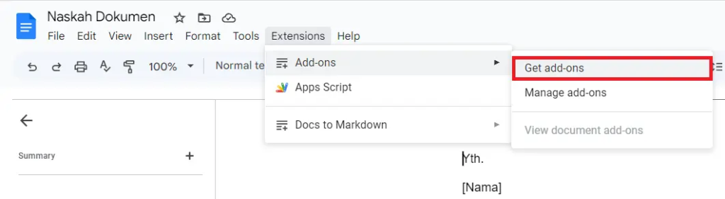 tampilan menu get add-ons google docs