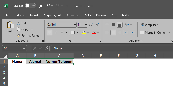 tampilan microsoft excel dengan kolom nama, alamat, dan nomor telepon