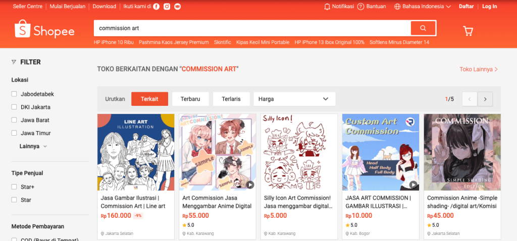 tampilan shopee menunjukkan iklan open commission gambar