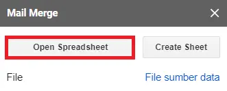 tampilan add-on mail merge dengan tombol open spreadhseet yang dipilih