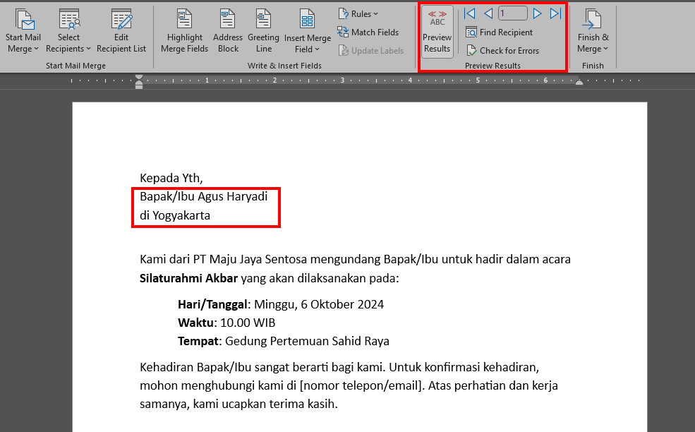 tampilan microsoft word menunjukkan hasil pratinjau mail merge