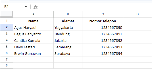 tampilan sumber data mail merge di google sheets