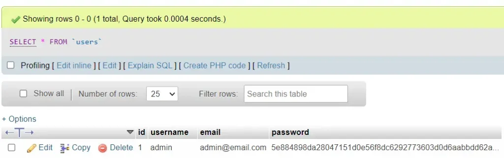 tampilan phpmyadmin menunjukkan tabel users yang baru dibuat