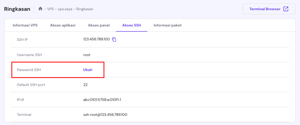 tampilan bagian akses ssh di hpanel dengan opsi ubah password yang dipilih