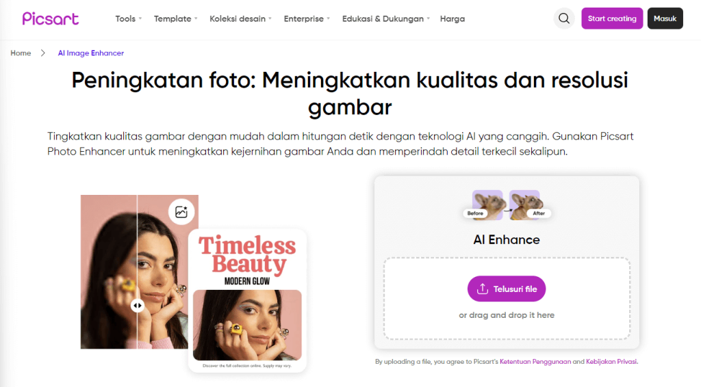 tampilan halaman picsart ai enhancer