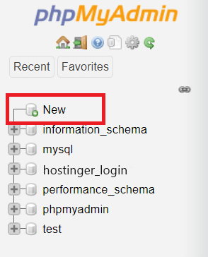 tampilan phpmyadmin dengan tombol new yang dipilih