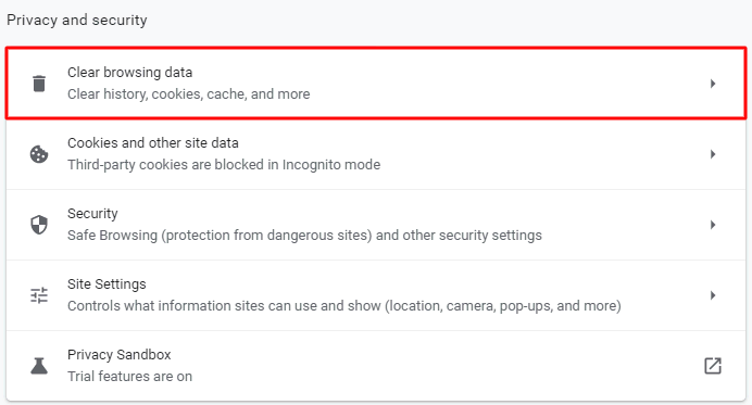 tampilan opsi untuk menghapus data browsing di chrome