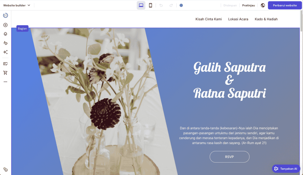 tampilan contoh website undangan pernikahan digital di website builder hostinger