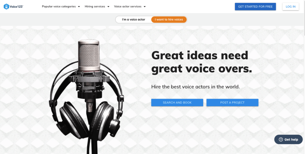 tampilan homepage voice123 platform voice over