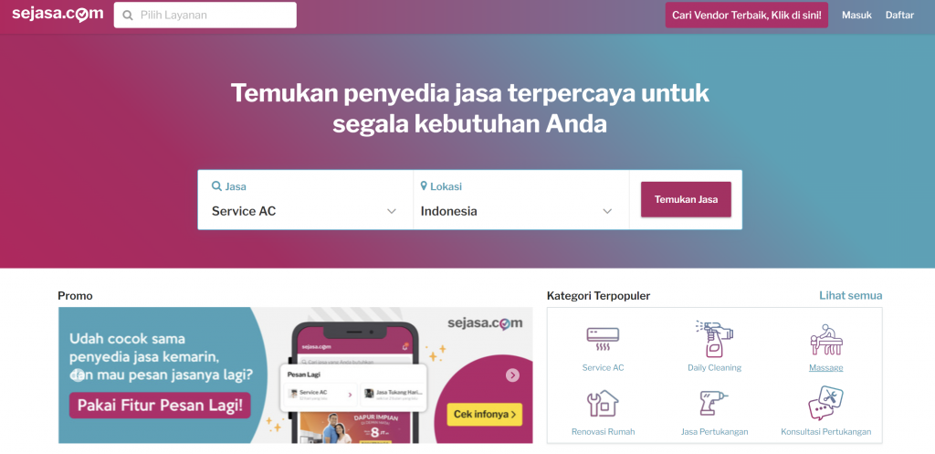 tampilan homepage website sejasa