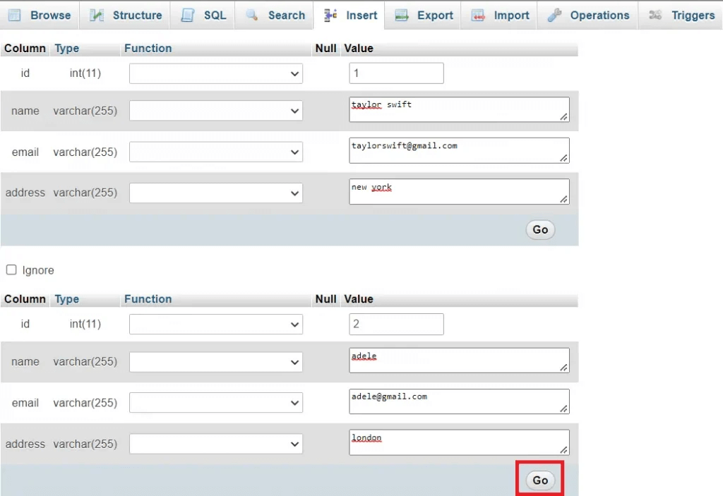 tampilan menginput data tabel mysql phpmyadmin