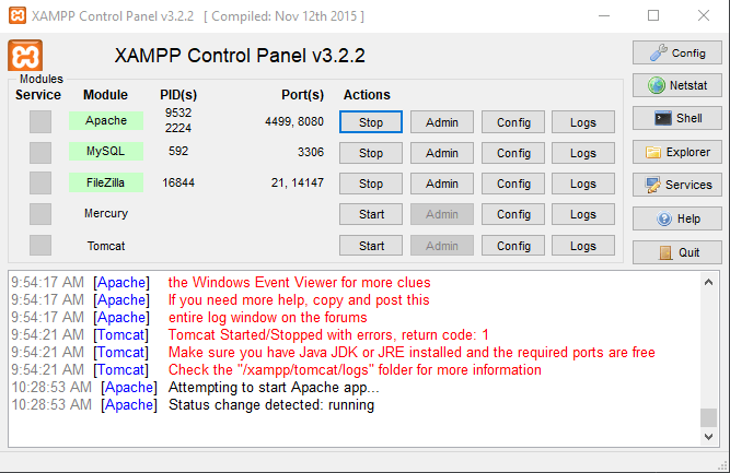 tampilan menjalankan apache di xampp control panel