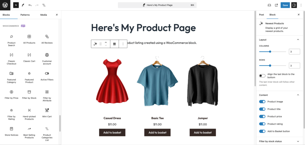 Blok WooCommerce di editor visual WordPress