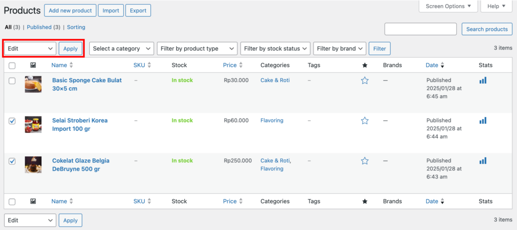 mengedit produk secara massal dengan opsi edit yang dipilih di woocommerce