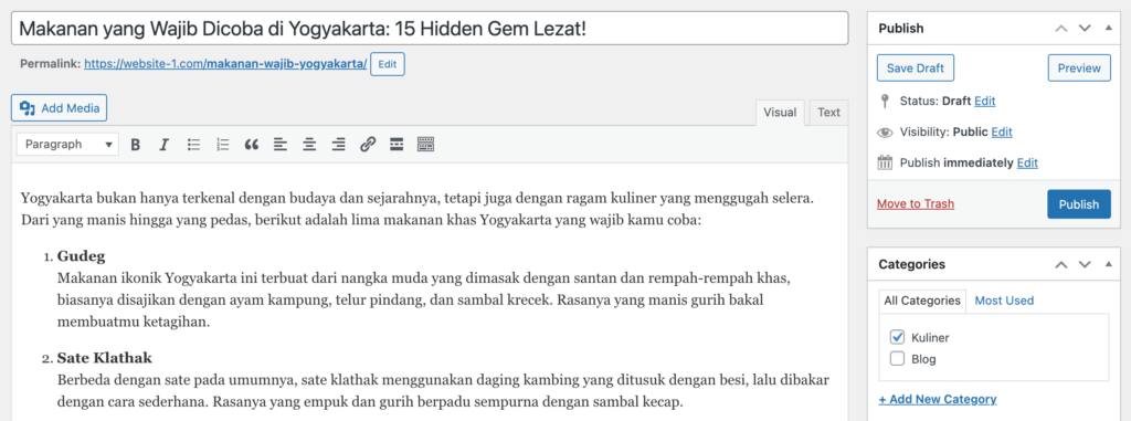 Halaman Edit Postingan di WordPress menggunakan editor klasik