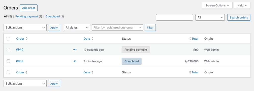 tampilan contoh pesanan di dashboard