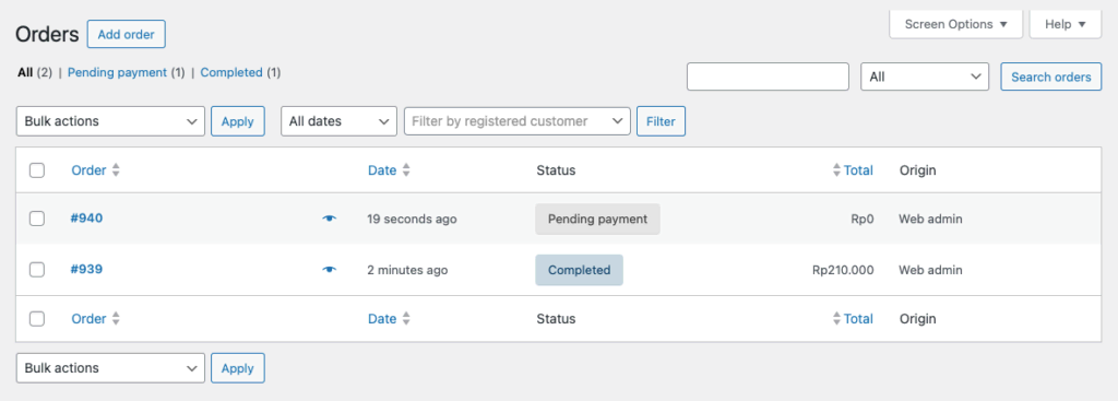 tampilan contoh pesanan di dashboard